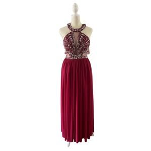 Burgundy Maroon Crimson Beaded Halter Formal Prom Homecoming Dress size 1